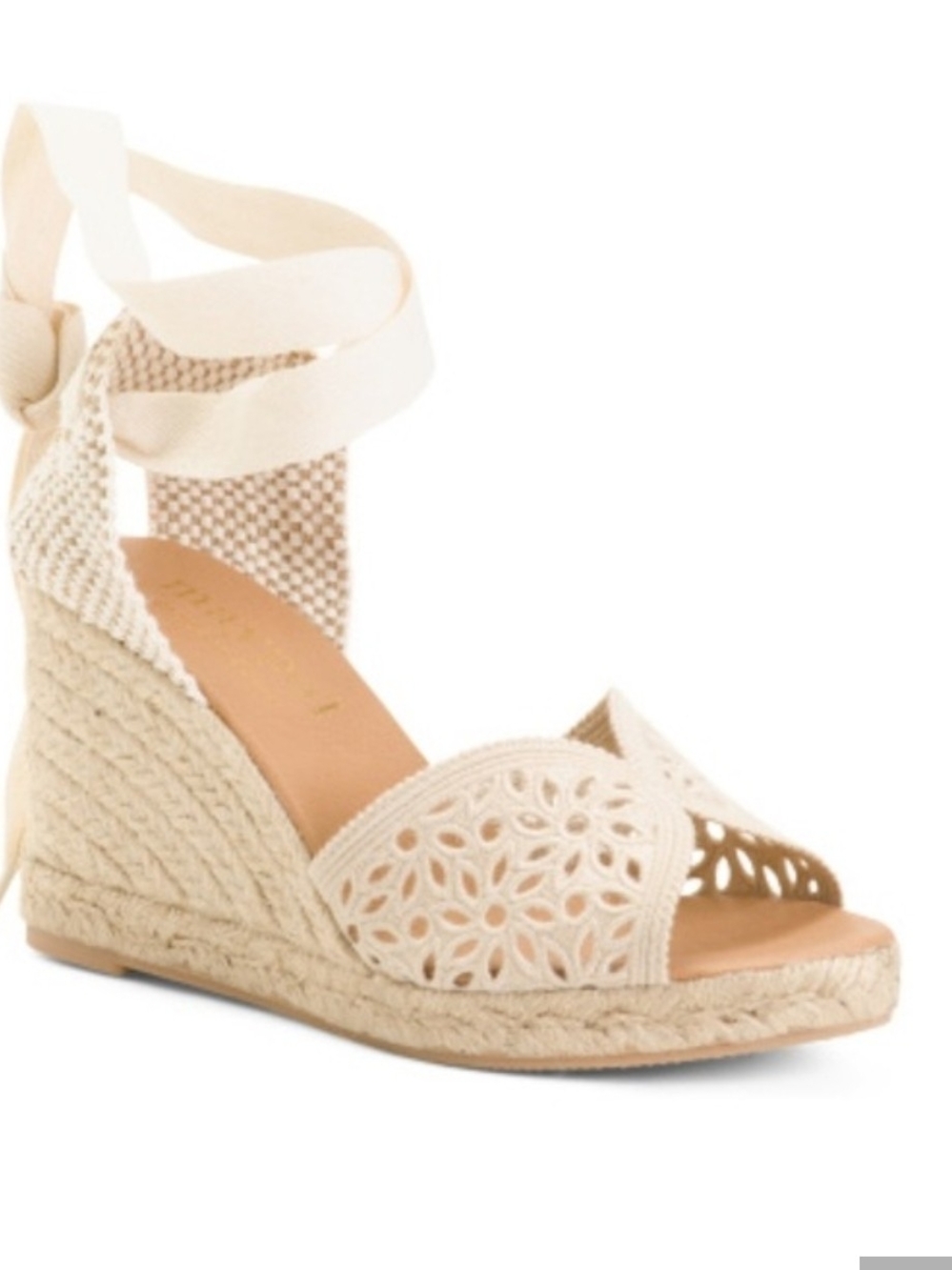Crochet Espadrille Wedge Sandals with Ankle Tie - Cream